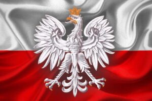 Orzel w koronie na tle Flagi Polski