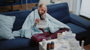 Man with sickness reading medicament information leaflet